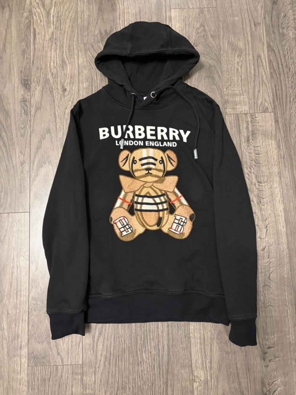 Burberry Black Hoodie with Embroidered Tan Teddy Graphic